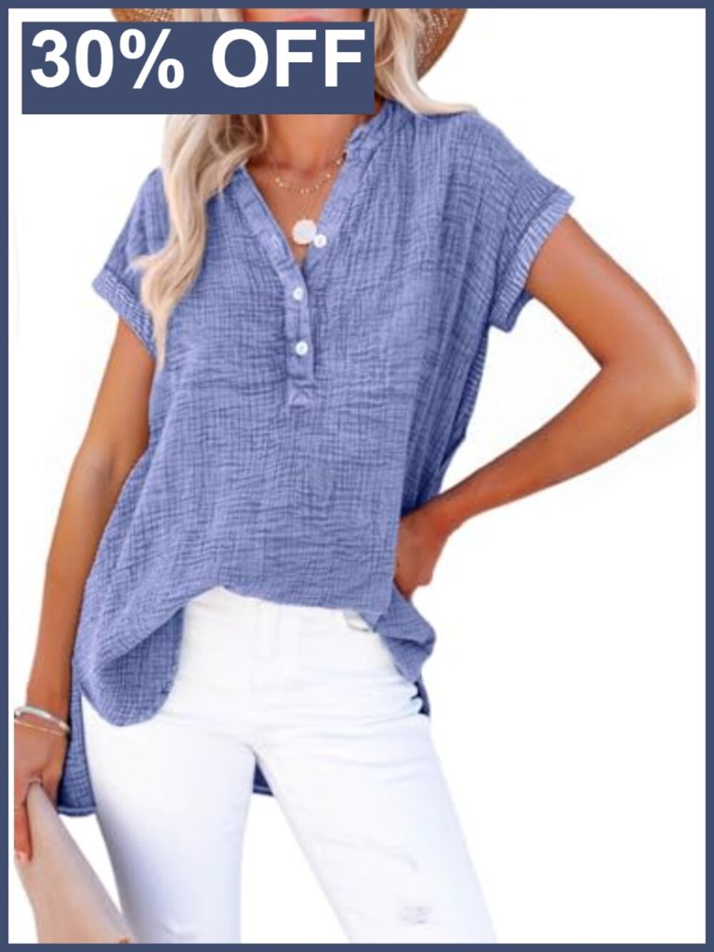 Women's Cotton Button Down Blouse V-Neck Short Sleeve Top
